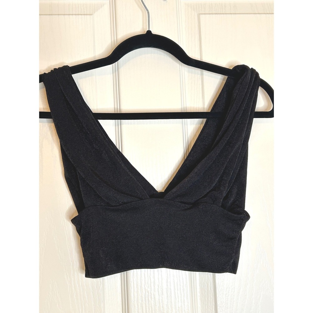 Womens Black Shimmer Deep V-Neck Crop Top Sleeveless Metallic Party Shirt Small - Picture 2 of 5